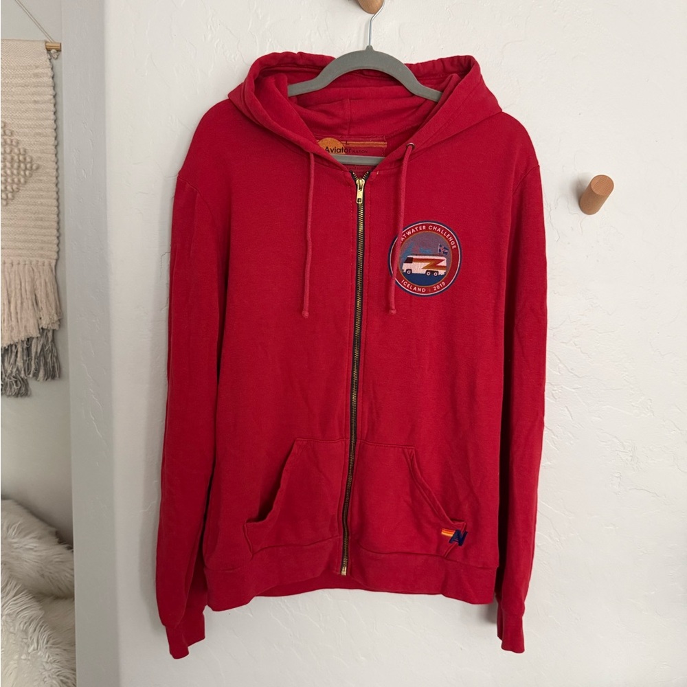 Aviator Nation Red Zip Hoodie with Iceland Patch size Large unisex